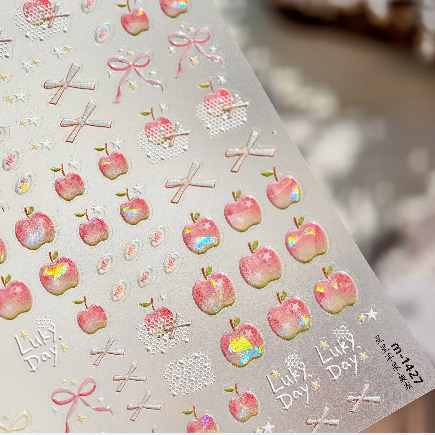 5D Star Apple Nail Decals Lolita Holographic Pink Apple Bow Lace Star Embossed Self-Adhesive Nail Stickers for Sweet Girls DIY