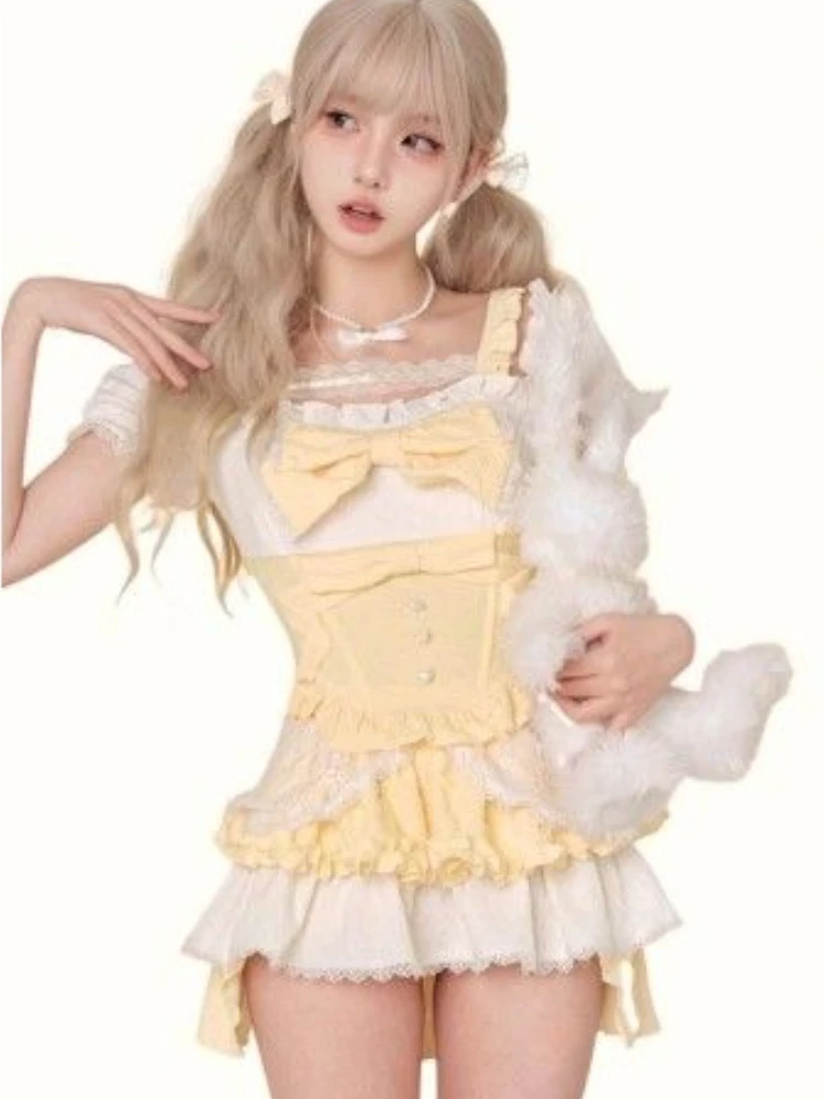 Japanese Kawaii Lolita 2 Piece Skirt Set Women Vintage Suits Bow Ruffles Blouse + Sexy Lace Skirts Even Party Elegant Clothing