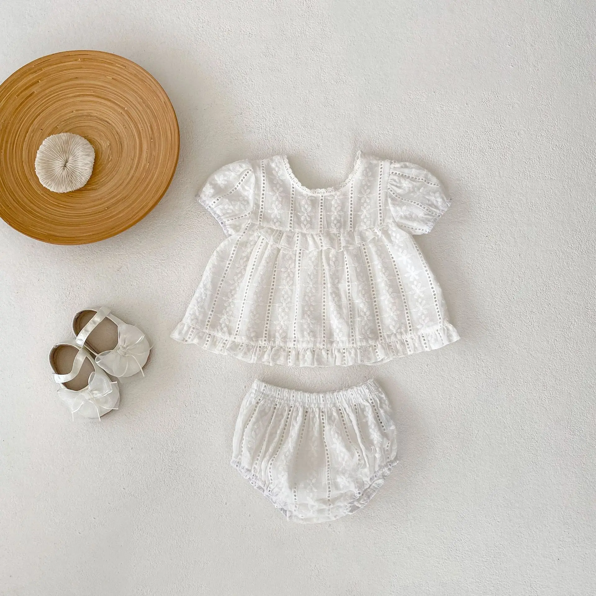 Summer New Baby Girl Cute Lace Embroidered Solid Countryside, Cute, Trendy Short sleeved Top+Triangle Pants Set