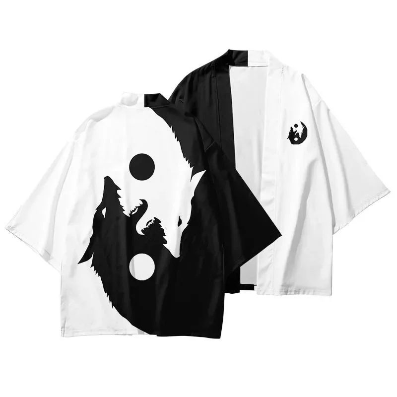 Trendy Street Style Yin Yang Wolf Print Haori Kimono Cardigan Black White Half Sleeve Open Coat Summer Casual Tops