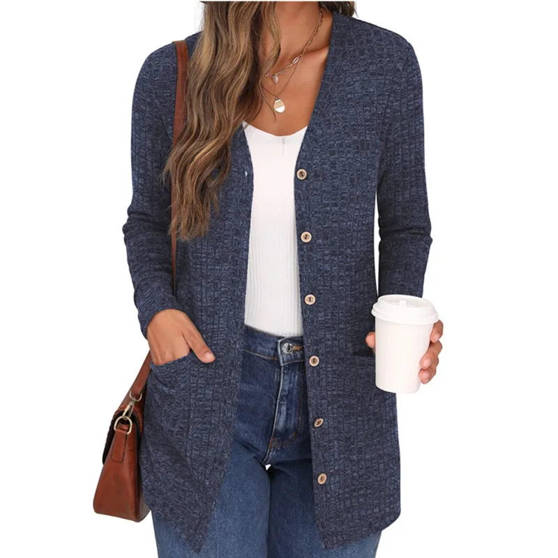 Autumn and winter long sleeved pocket button loose solid color jacket, women's cardigan jacket, women's new style