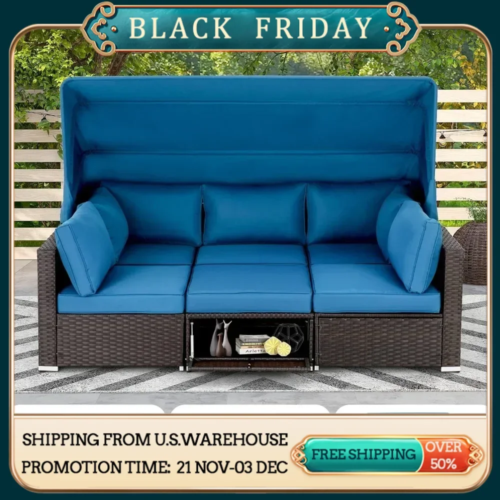 6 Pieces Patio Furniture Sets, Rattan Daybed with Retractable Canopy, Outdoor Sectional Sofa Set with Adjustable Backrest