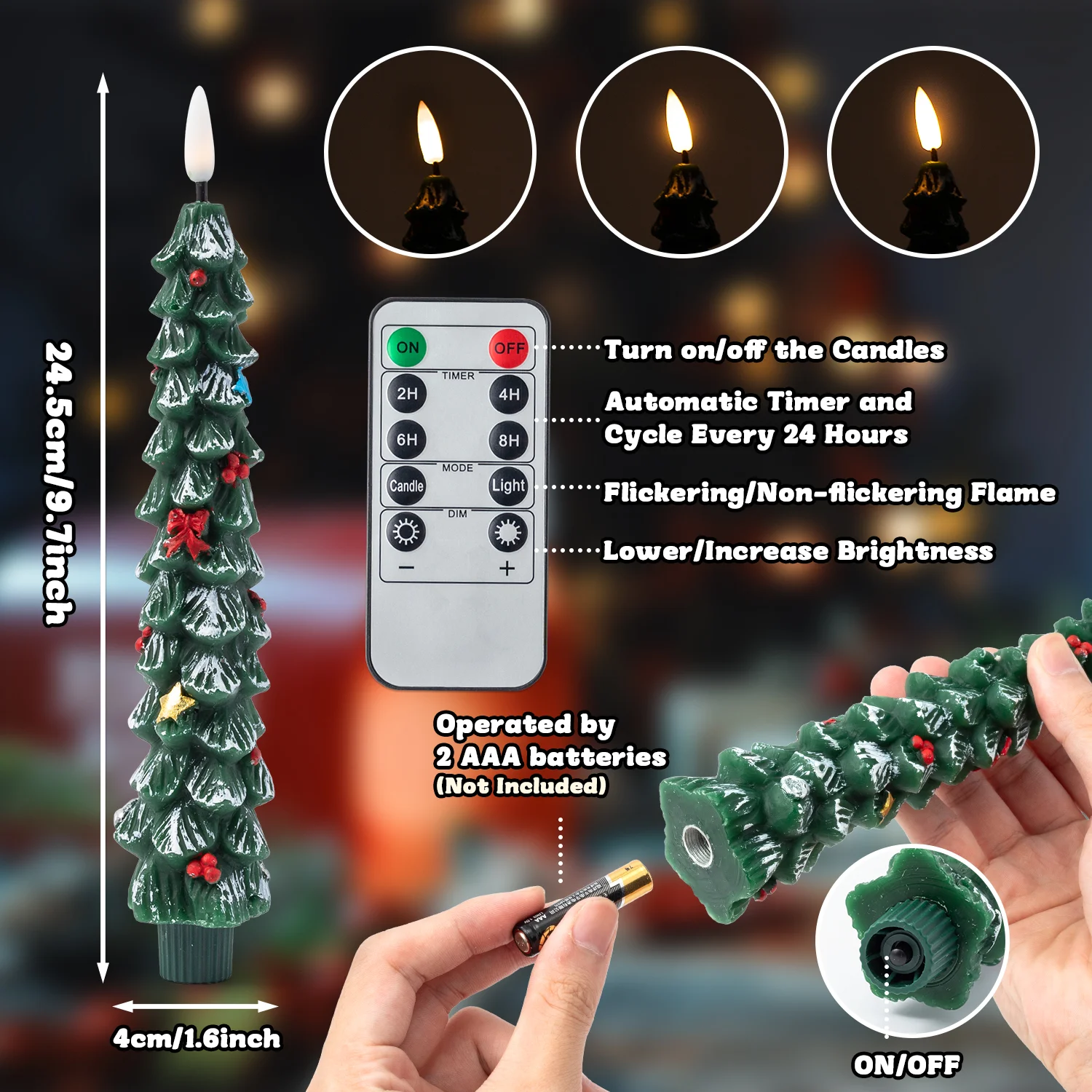 3D Christmas Tree Candles Flameless Taper Candles Remote Control Candle Flame Candles for Christmas Home Office Decorations