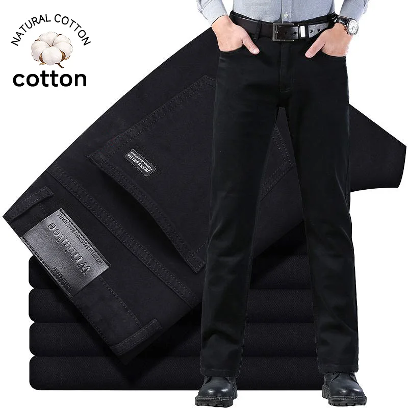 High Quality Autumn Winter Solid Color Black Men's Jeans Classic Stretch Denim Pants Work Business Cotton Trousers Plus Size 40