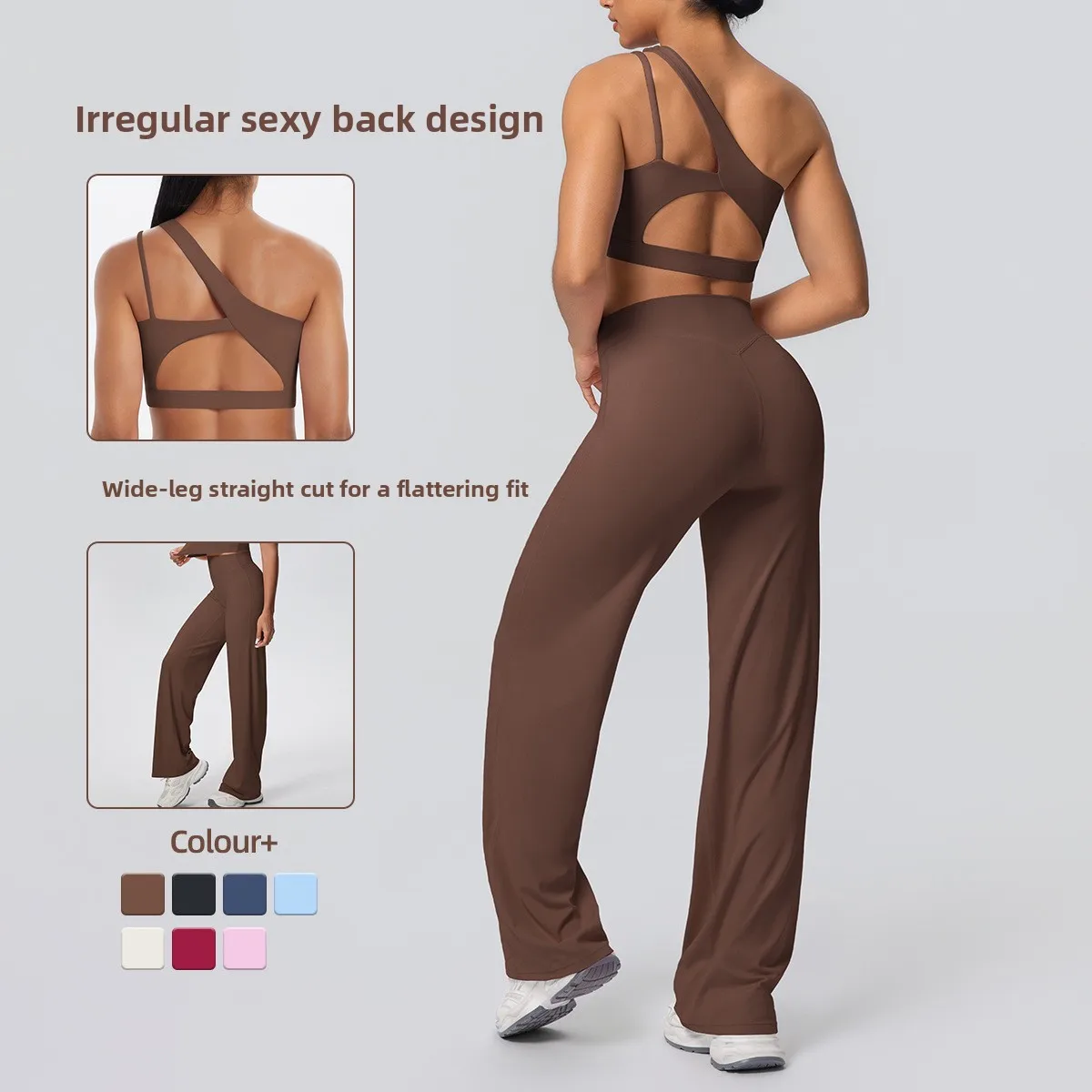 double-sided-nylon-fleece-yoga-sportswear-set-running-fitness-wide-leg-two-piece-women's-single-sided-shoulder-design
