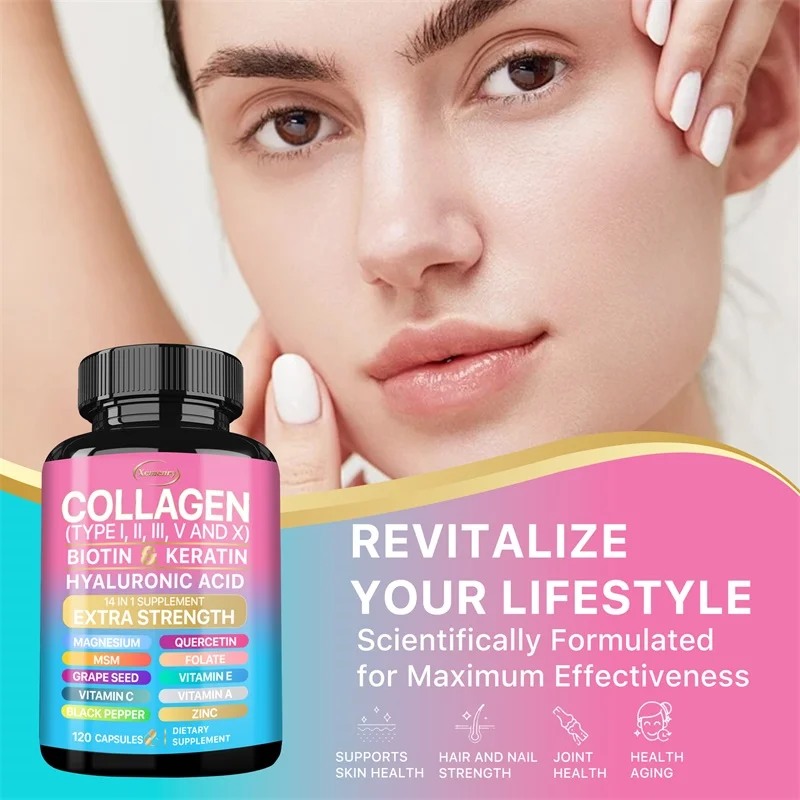 Collagen Supplement (Types I, II, III, V and X), Biotin, Keratin, Hyaluronic Acid, MSM - Skin, Nails & Joint Health, Anti-Aging