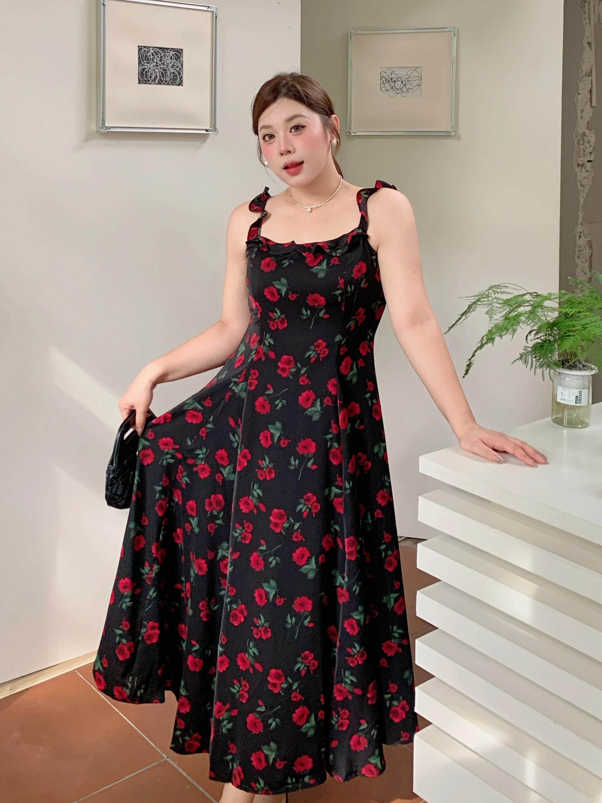 

Шифоновое платье с принтом роз, женская одежда больших размеров, утягивающая юбка Vaion Sle, миди трапециевидной формы, летний сезон