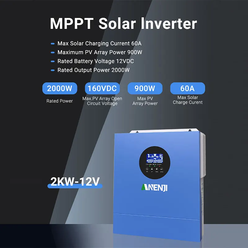 Солнечный инвертор 2 кВт, 12 В, встроенный MPPT 60 А, от сети, 50/60 Гц, чистая синусоида, солнечный инвертор с Wi-Fi для фотоэлектрических устройств 30-160 В постоянного тока, переменный ток 220-230 В