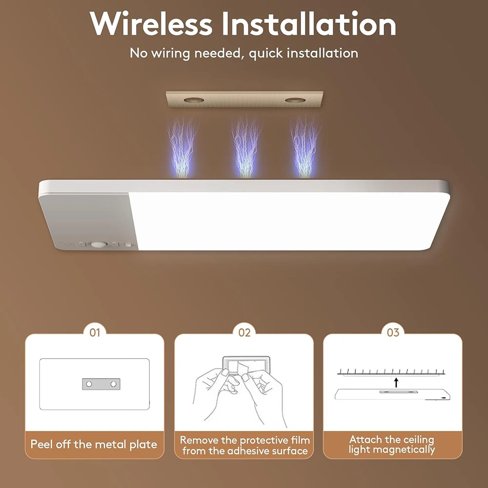 Image 3: Plafonnier LED 3 couleurs, 10000mAh, rechargeable, à intensité variable, télécommande, minuterie, sans fil, LED ultra-mince, détecteur de mouvement
