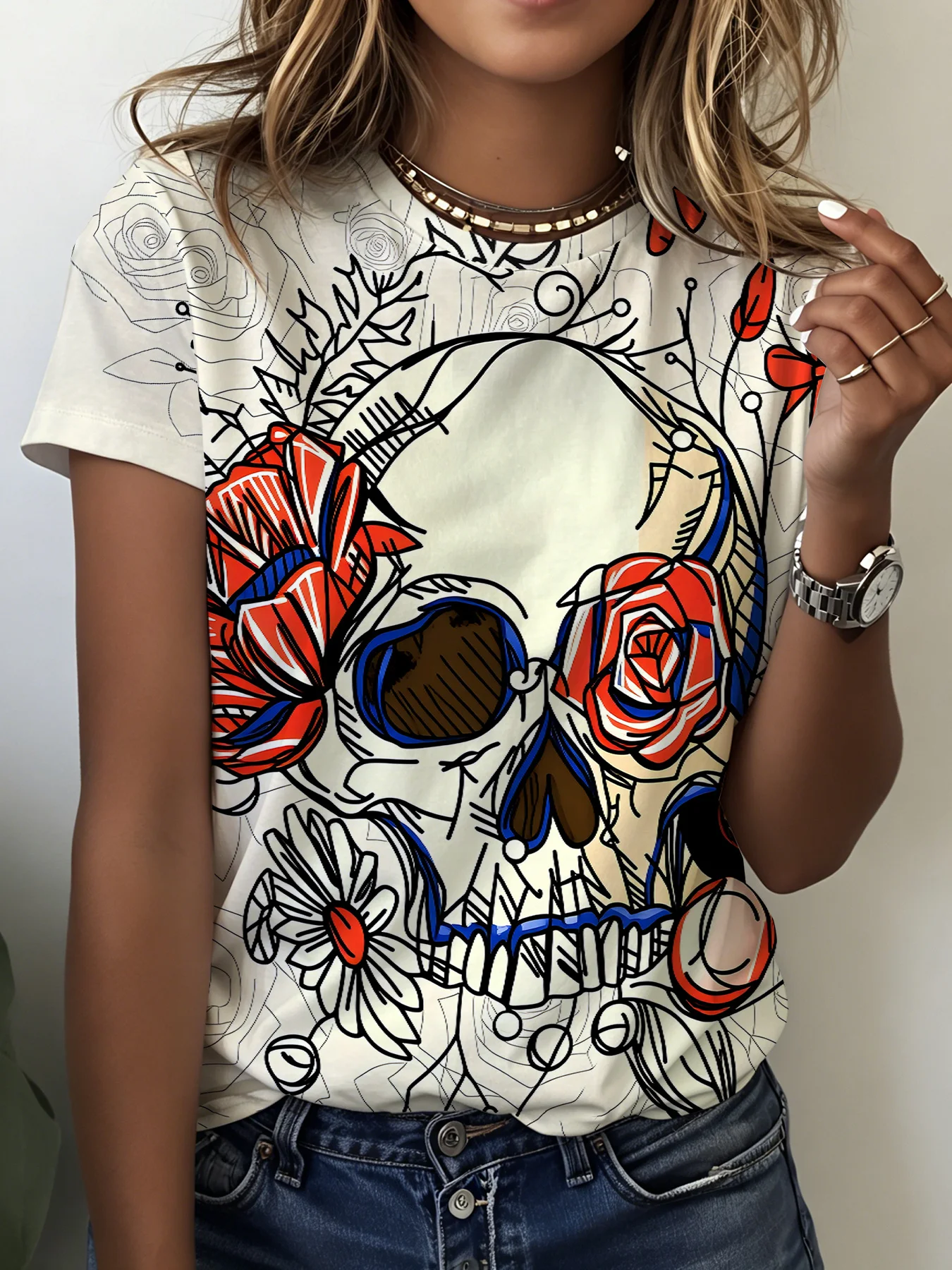 Women Skull Rose Floral Graphic T‑Shirt, Vintage Tattoo‑Style Flower Print Short Sleeve Crew Neck Casual Gothic Summer Tee Tops