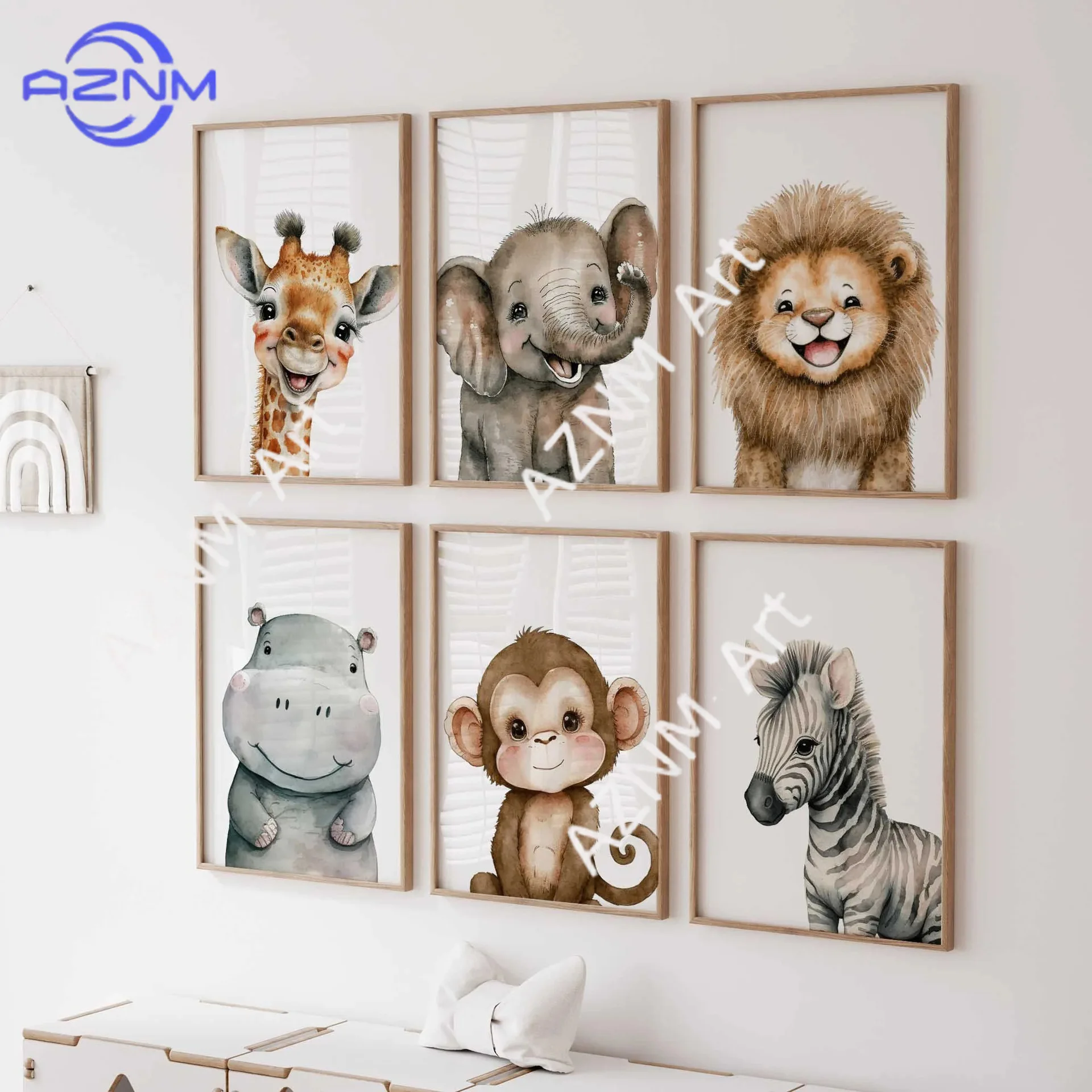 1/6 Stück, niedliche Aquarell-Tiere, Giraffe, Elefant, Löwe, Schlafzimmer, Kinder-Leinwanddekoration, hängendes Bild, rahmenloses Poster