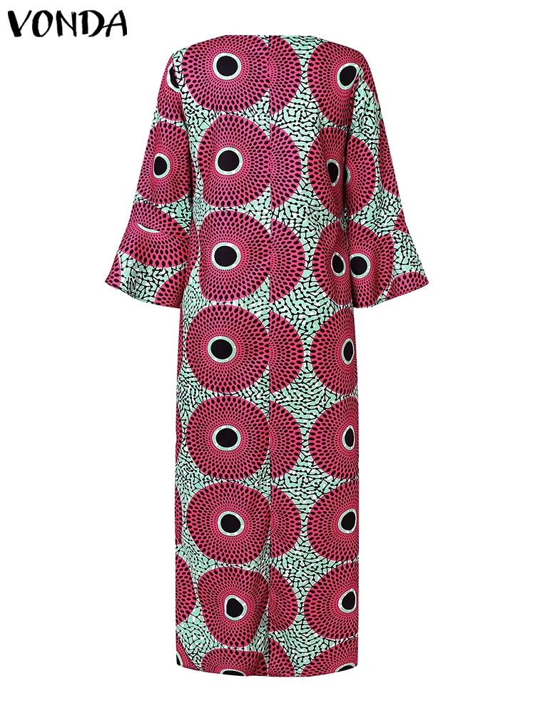 Plus Size 2024 VONDA Women Printed Maxi Dresses V-neck Flare Casual Long Sleeve Sundress Bohemian Vestidos Simple Daily Robes