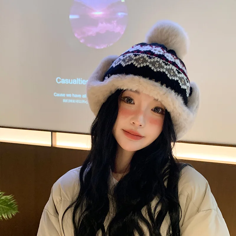 2023 New Knitted Plush Christmas Hat for Women Girls Boys Autumn Winter Outdoor Warm Windproof Vintage Woolen Fashion Femals Cap