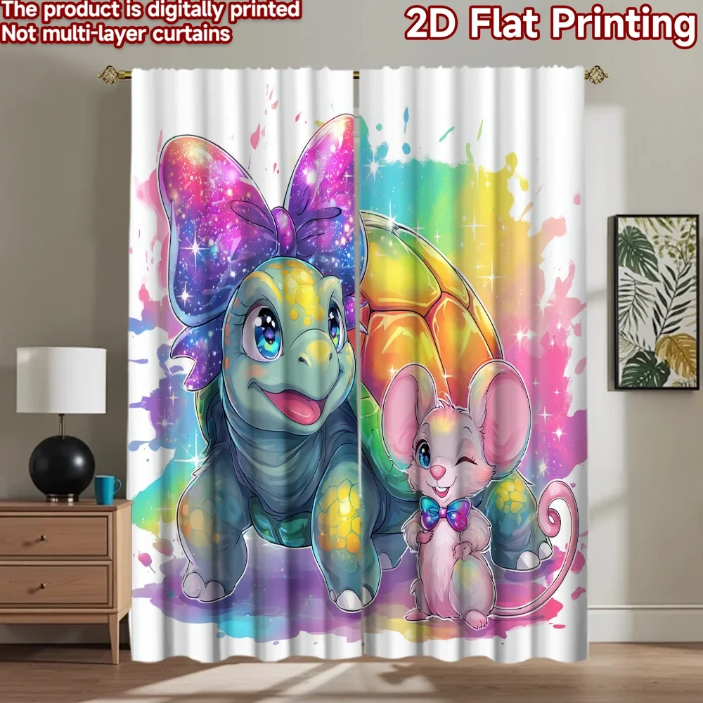 

2D flat printing 2pcs Window Drapes Cute Turtle Mouse Friendship Digital Printed Polyester Drapes Holiday Decorations Perfect