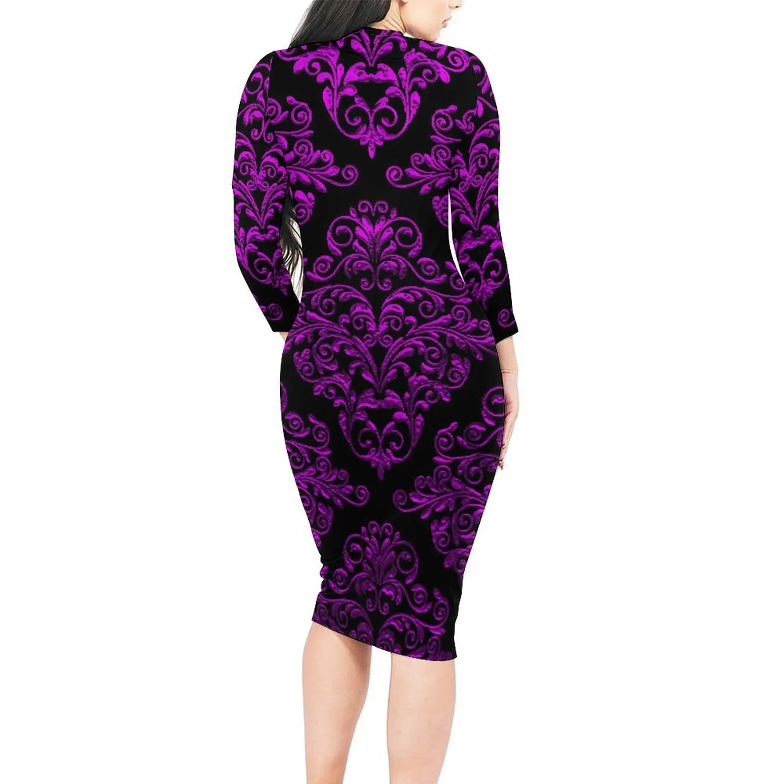 Elegant Damask Dress Long Sleeve Black Purple Cute Dresses Summer Female Aesthetic Custom Bodycon Dress Large Size