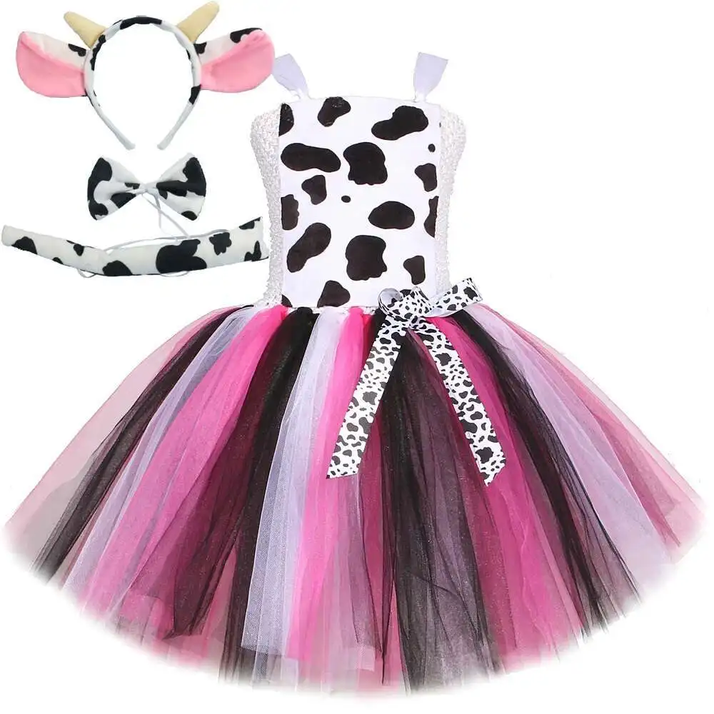 Princess Cowgirl Costumes with Hat Kids Animal Cow Halloween Dresses with Ears Bowtie Tail Baby Girls Birthday New Years Outfit