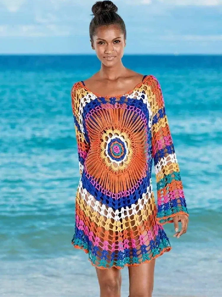 Copricostume da spiaggia fatto a mano all'uncinetto - Abito a tunica lavorato a maglia per costumi da bagno, caftano sarong leggero per donna, abbigliamento da spiaggia estivo