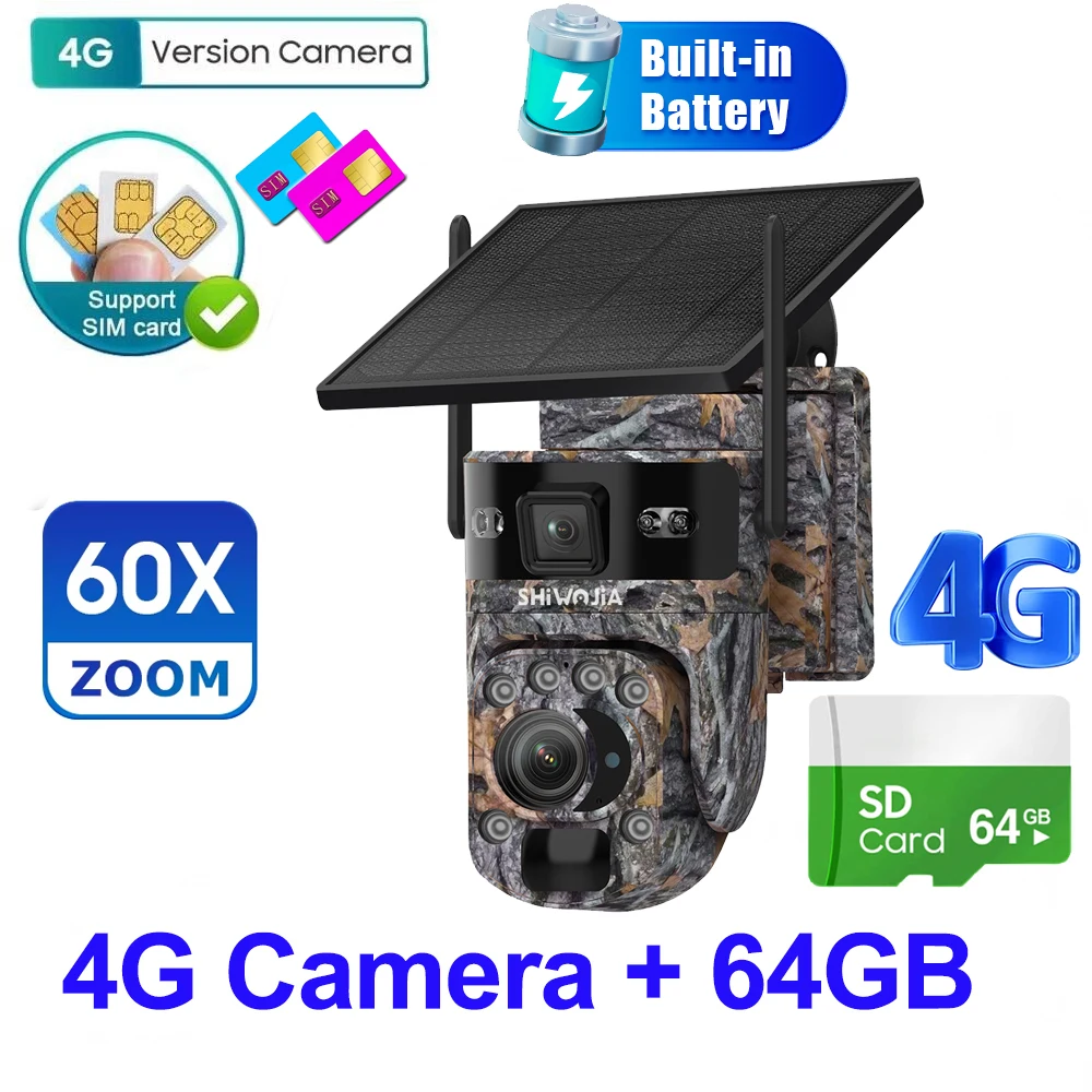 SHIWOJIA 6K 12MP 4G zonne-beveiligingscamera 60X ZOOM buiten 360 °   Bekijk Animal Monitoring Solar Battery Security Surveillan Video