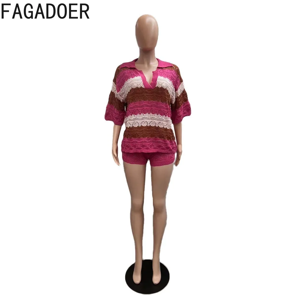 FAGADOER Fashion Striped Printing Sweater Shorts Two Piece Sets Women V Neck Long Sleeve Top And Shorts Outfit Female Streetwear