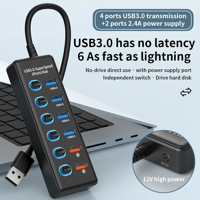 6 Ports USB 3.0 Hub Splitter 5Gbps High Speed USB Data Transfer with Individual On/Off Switches & 2 Fast Charging Ports for Lapt