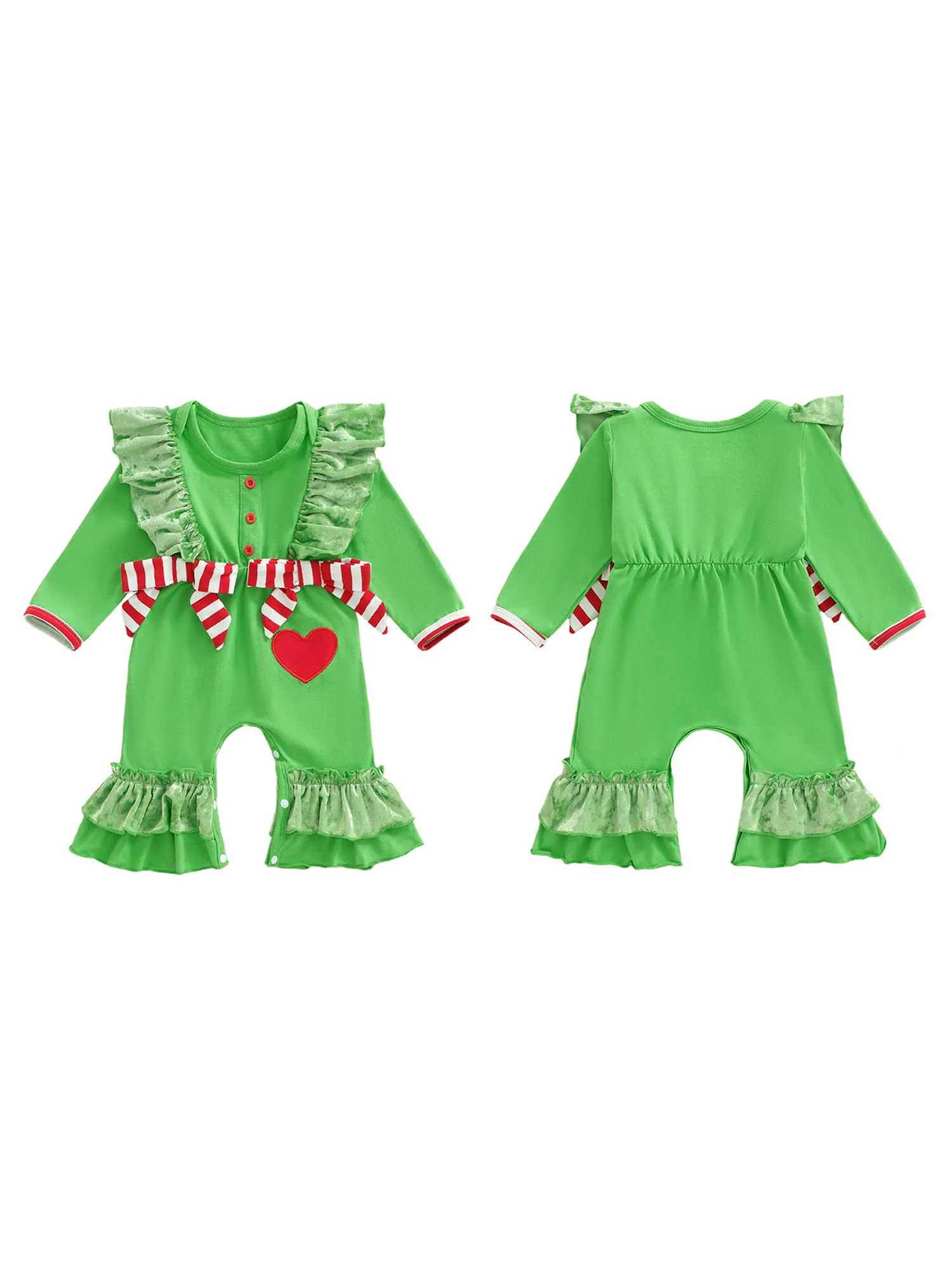 

Рождественский комбинезон для малышей красного цвета с короткими рукавами, круглым вырезом, принтом с изображением оленя и отделкой рюшами