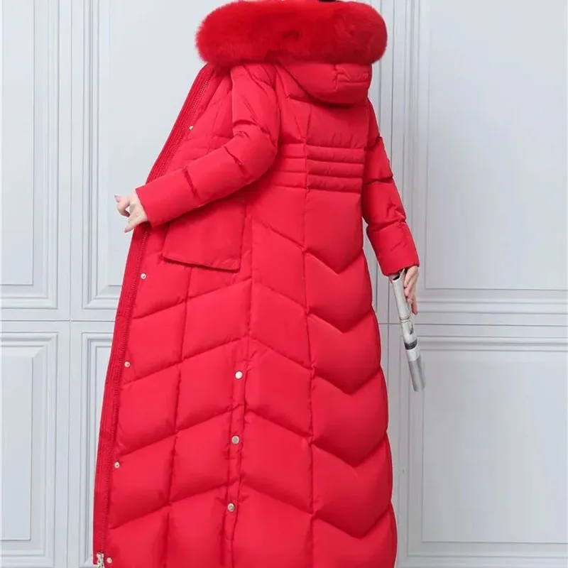 Down Jacket Women 2022 Winter New Fashion Luxury Slim White Duck Down Coat Female Large Size Hooded Fur Collar Thick Warm Parkas