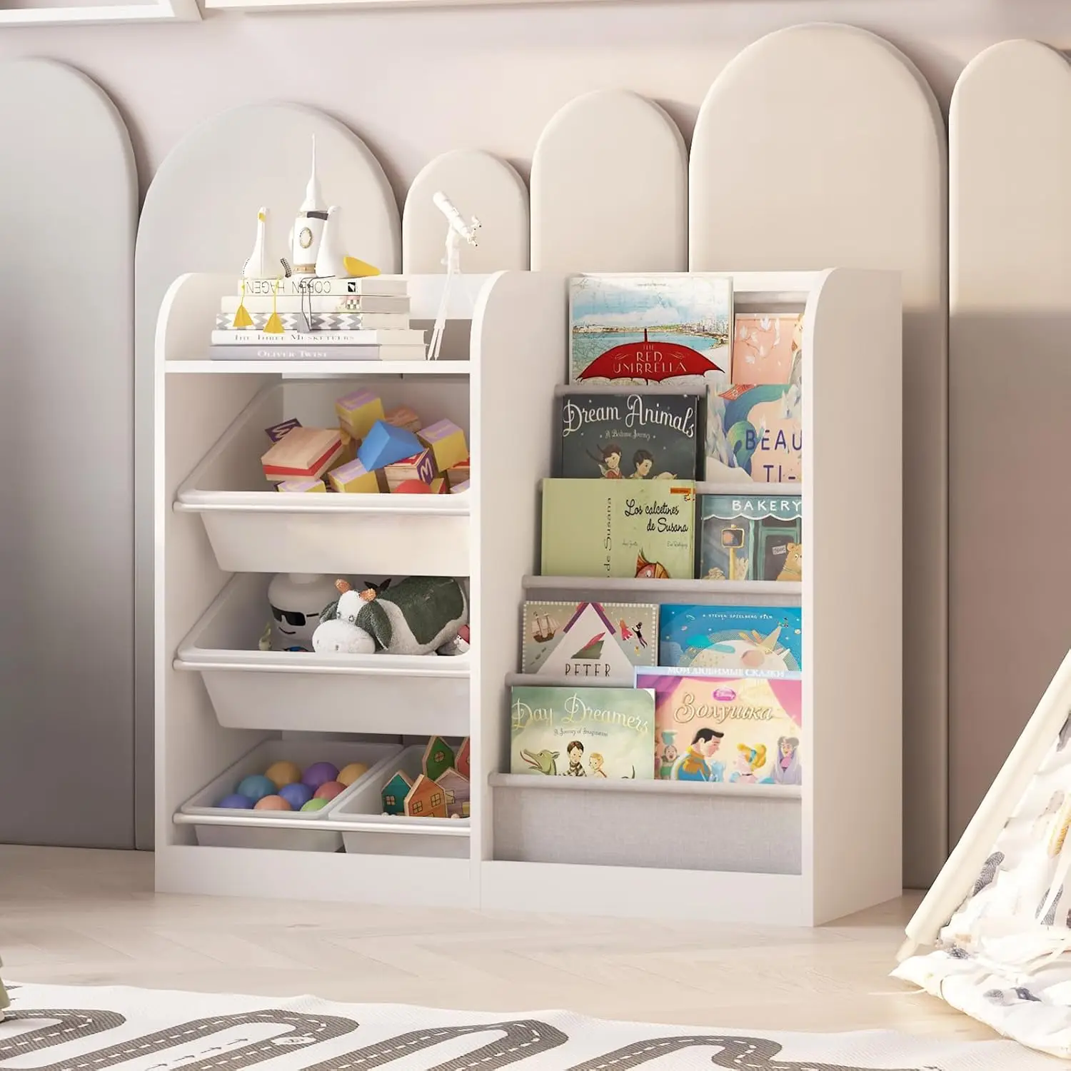

White Kids Wood Bookshelf Toy Storage Box Organizer Shelf W/4 Removable Plastic Toy Bin Children Bookcase Toddler Baby Sling