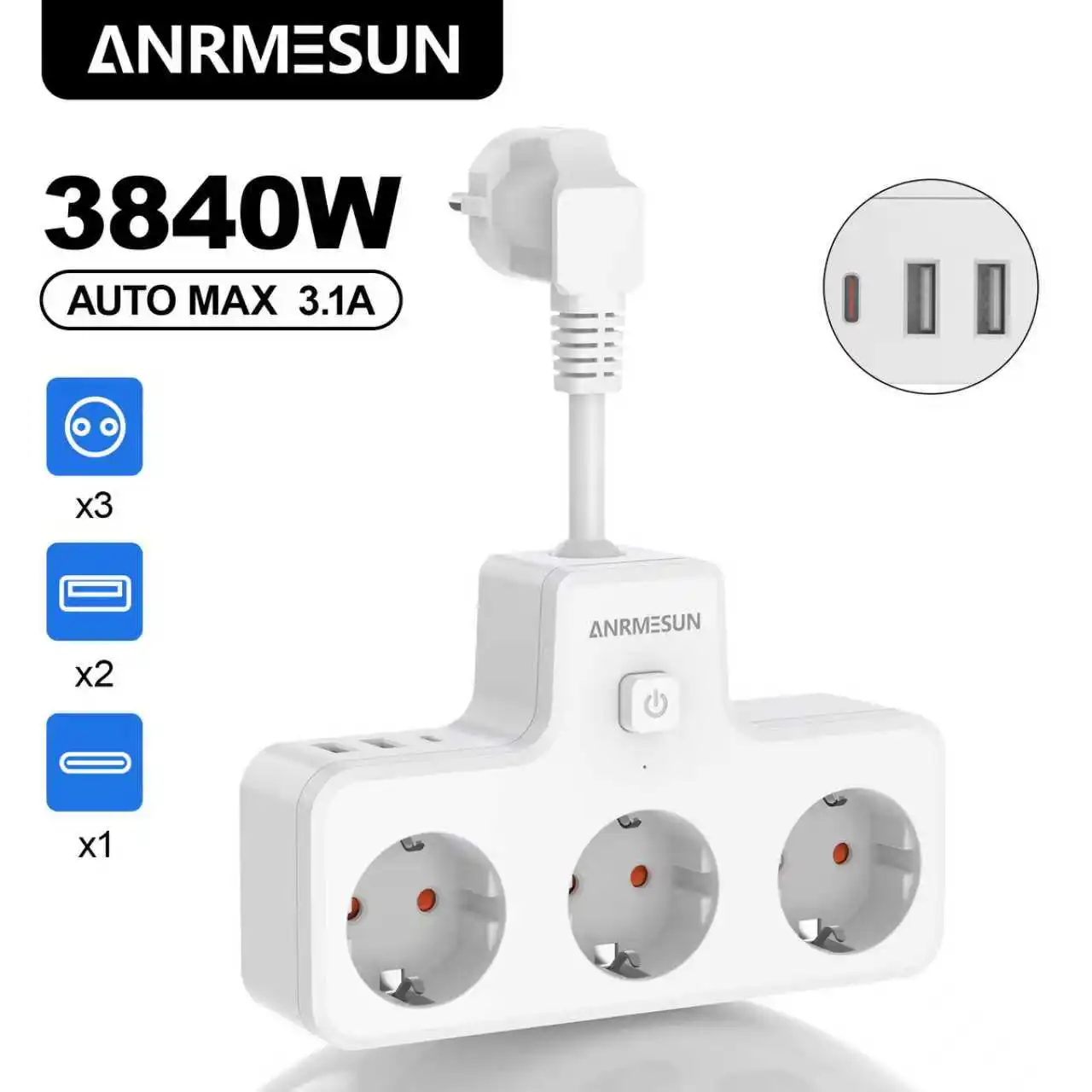 

Удлинитель с вилкой европейского стандарта, 3 розетками и 2 портами USB A 1 типа C, удлинитель, электрическая розетка, кабель 0,5 м, защита от перенапряжения для путешествий