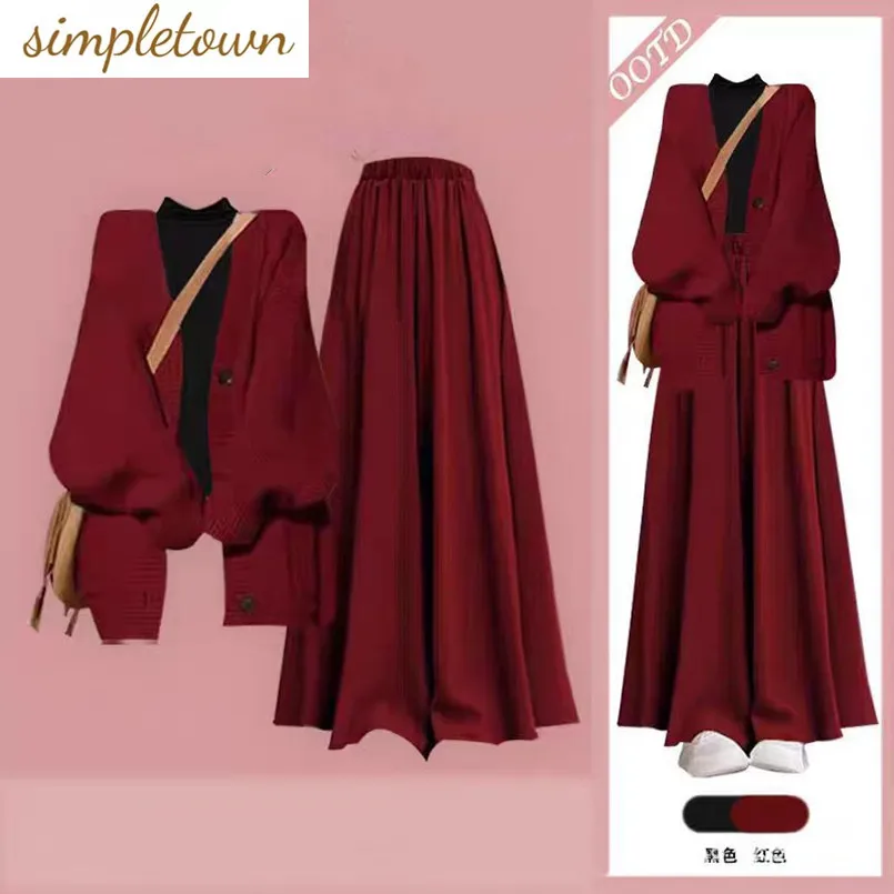 

New Ankela Red Knitted Sweater Cardigan+High Collar Top Retro High Waist Wide Leg Skirt Pants 3-Piece Set