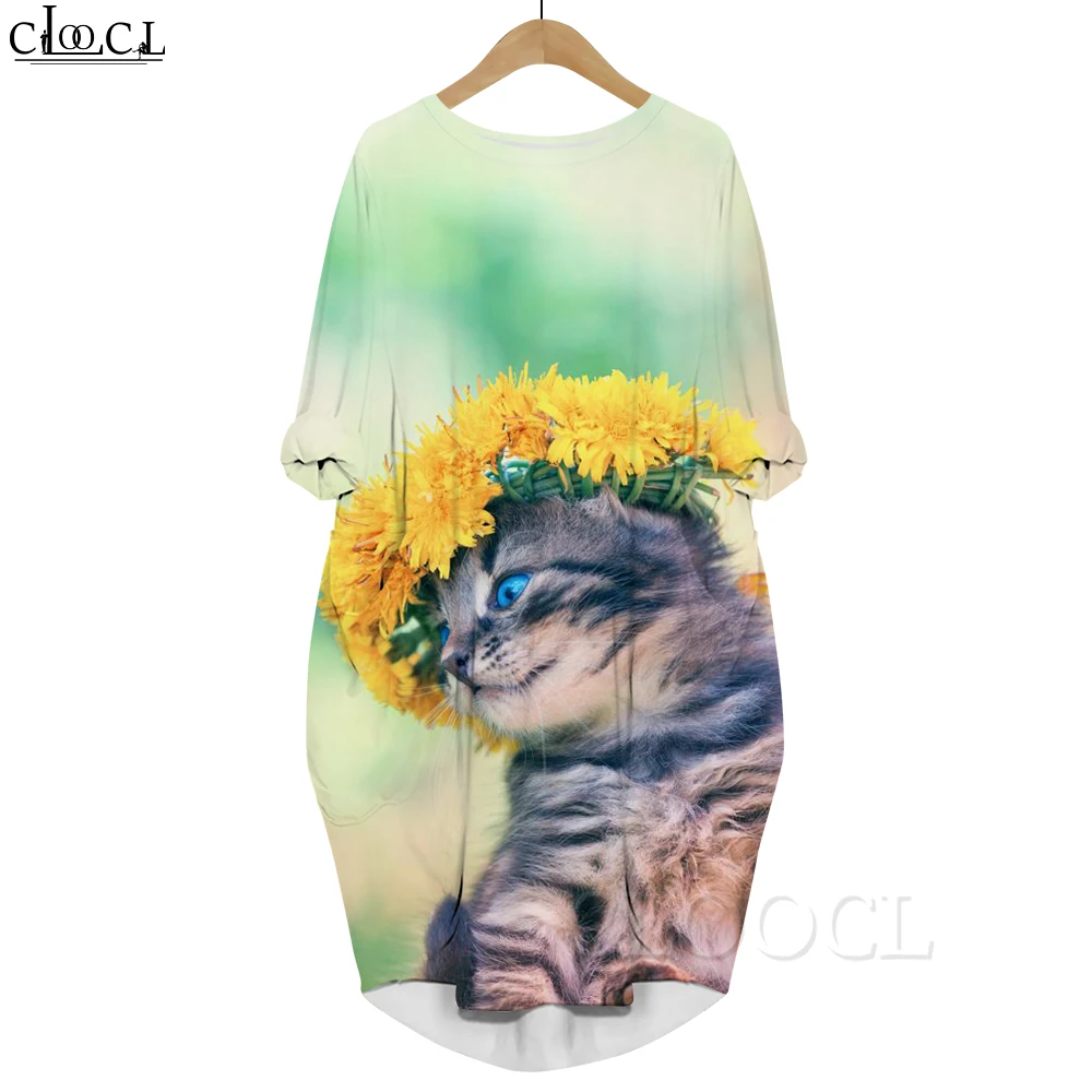 

CLOOCL 3D Print Women's Dresses A Kitten Wearing A Dandelion Long Sleeve Vestidos Summer Fashion Bat Pocket Dresses Oversized