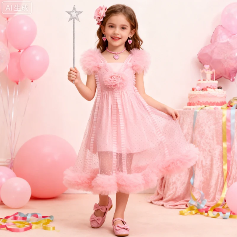 

New Movie Glinda Pink Puffy Princess Dress Carnival Costume For Children Wicked Witch Cosplay Fairy Dresses And accessories