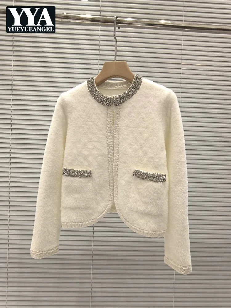 

Autumn Winter French Style Diamond O-Neck Knitted Jacket Fashion Short Top Coat Long Sleeve Pocket Work Ladies Knitwear Cardigan