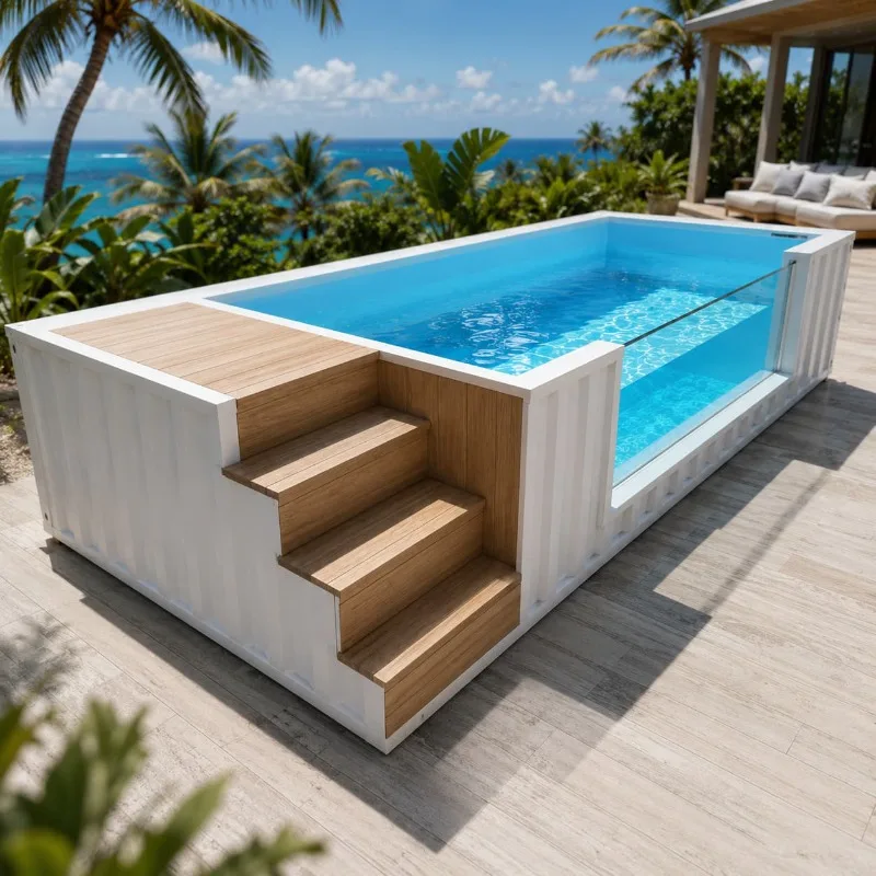 Container Pool Outdoor Pool Durable Steel Frame Customized Modular Shape with Antislip Ladder Villa Courtyard Leisure