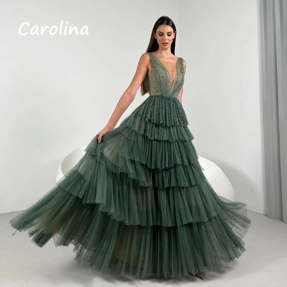 Carolina Sparkling Green V-Necks A-LINE Prom dress 2024 Slim Sleeveless Tiered Ankle-Length Formal Evening Dress