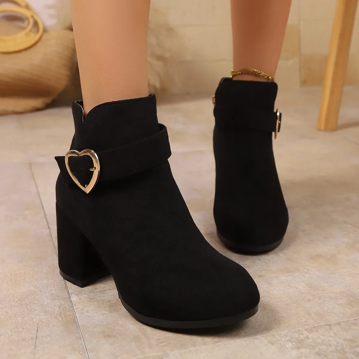 Herbst Winter Mit Hohen Absätzen Weibliche Kurze Schuhe Runde Kappe frauen Stiefeletten Chic und Elegante Große Größe Warme Bequeme Booties Verkauf – Detail 5