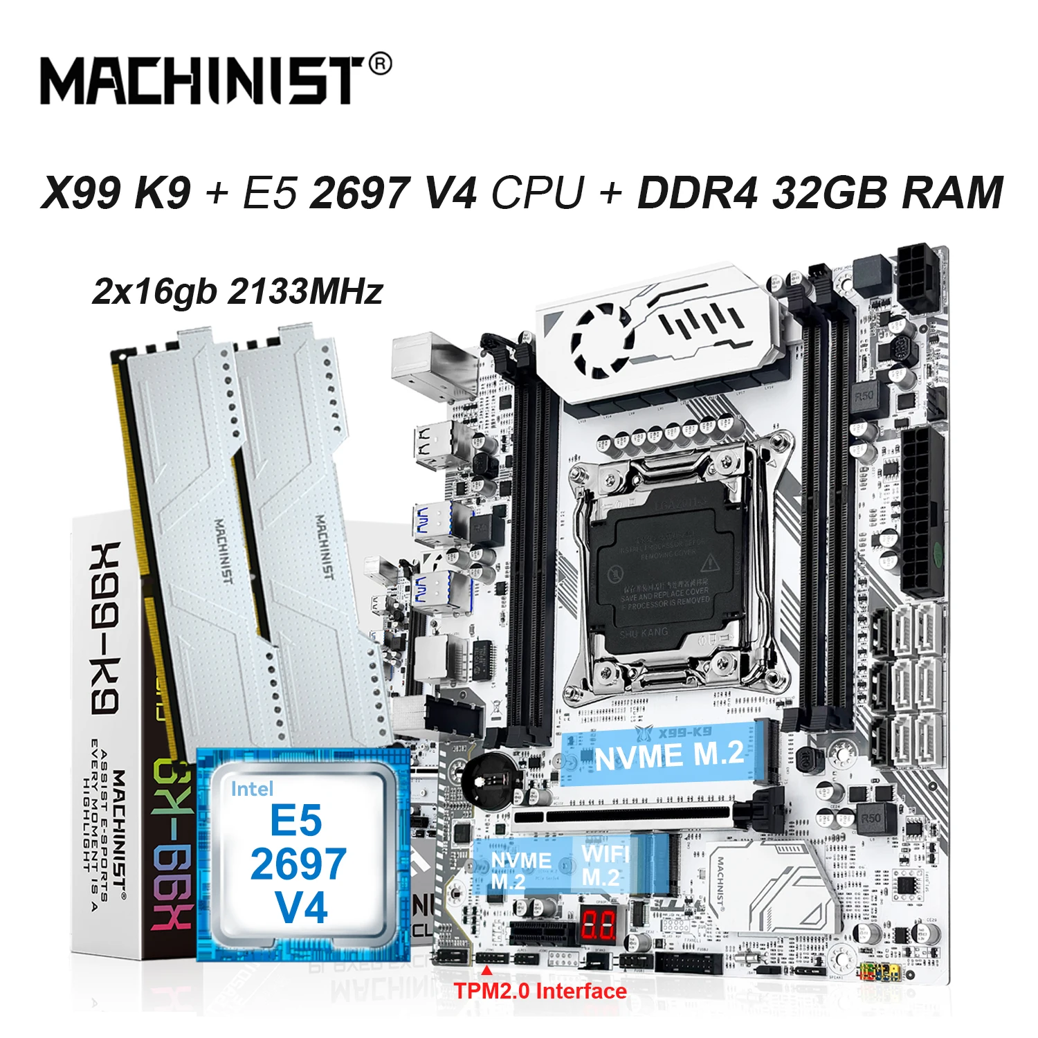 

MACHINIST K9 X99 Kit Motherboard LGA2011-3 with Intel Xeon E5-2697 V4 CPU DDR4 2x16GB RAM ECC 2133MHz TPM2.0 M-ATX Dual NVMe M.2