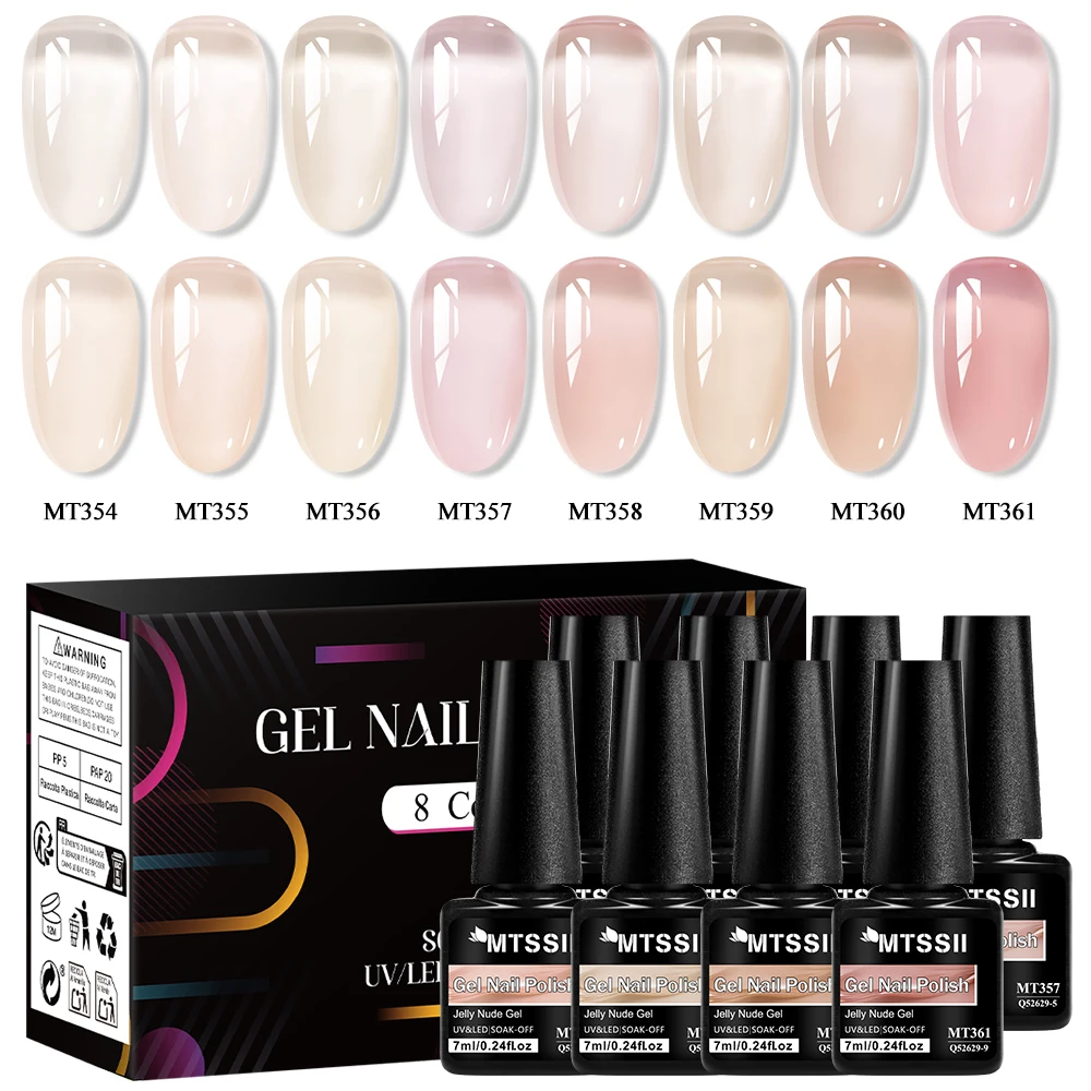 

8PCS 7ml Jelly Ice Nude Nail Polish Set Transparent Clear Nude Pink Crystal Gel Varnish Semi Permanent Soak Off UV LED Gel Nail