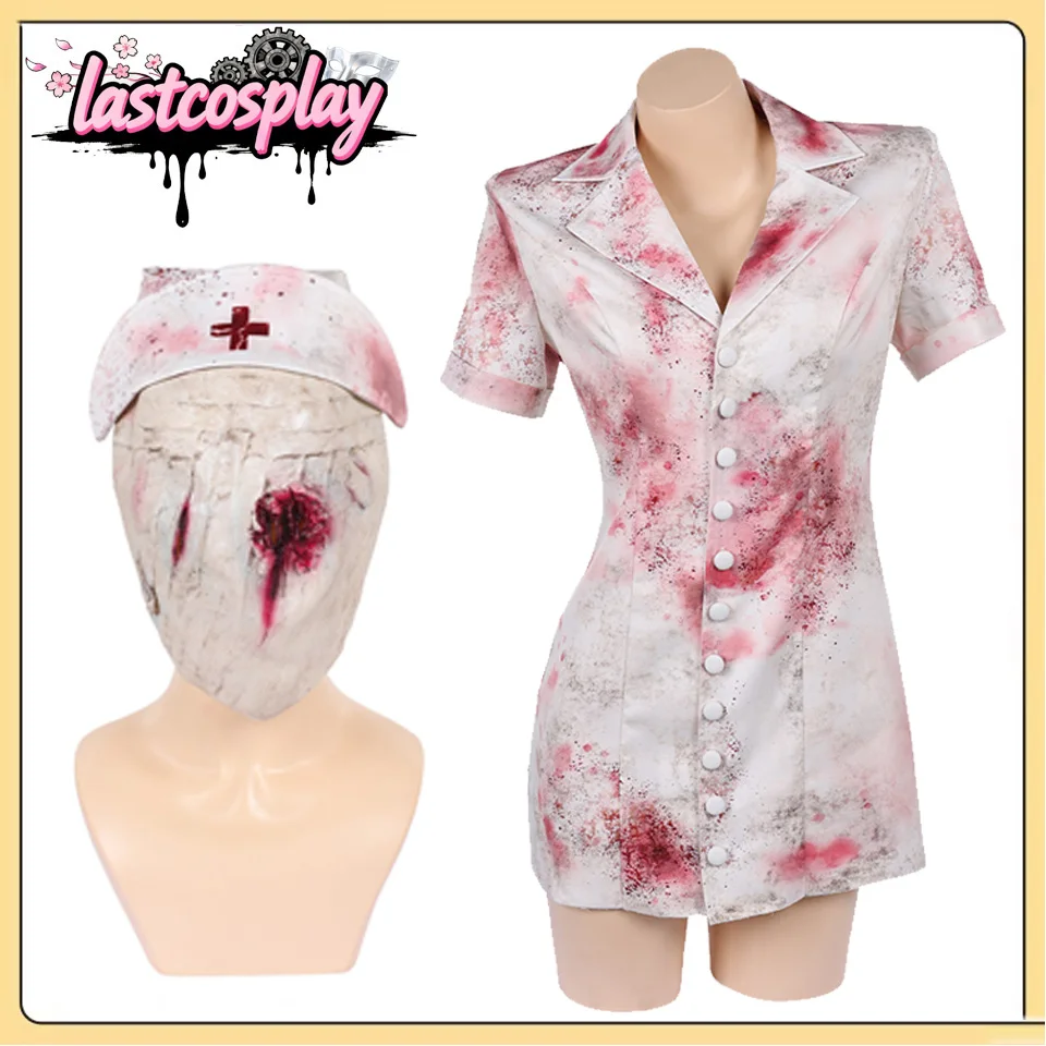 

Костюм медсестры для косплея Return to Silent Cos Hill, маскировка, женское поврежденное платье, шляпа, маска, карнавальное платье на Хэллоуин, костюмы для вечеринок