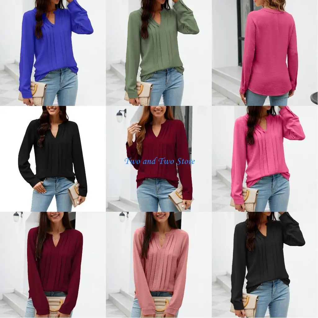 

HX6F Women's Dressy Casual Blouses Business Work Tops Long Sleeve V Neck Pleated Shirts Fall Outfits
