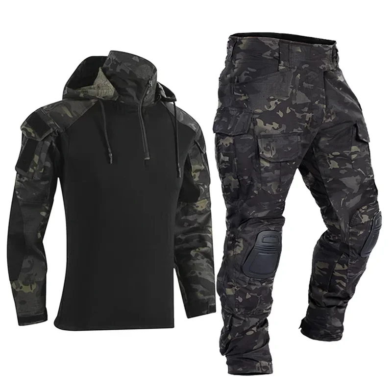 Tute tattiche per paintball Abbigliamento da lavoro Uniforme Multi tasche Camicie mimetiche da combattimento con cappuccio Ginocchiere cargo