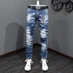 Pantalones vaqueros rasgados elásticos para Hombre, Jeans de moda Retro, azul, ajuste Delgado, diseñador Vintage, pantalones de mezclilla casuales elásticos para Hombre