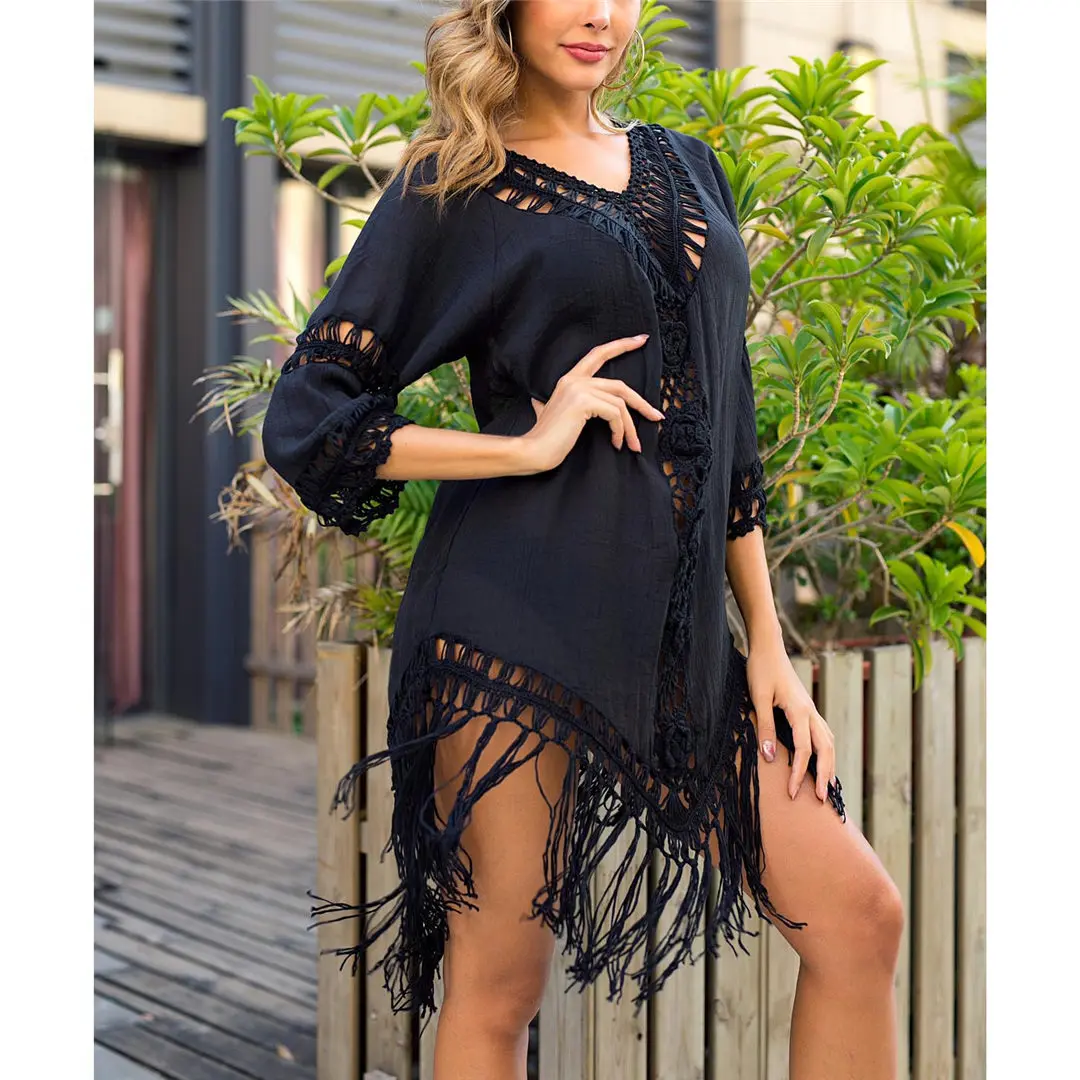 Sexy rückenfreie, ausgeschnittene Tunika mit Fransen, Strandkleid, Strandmode, Damen V2650 – Detail 16
