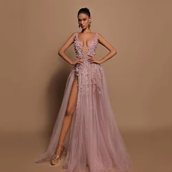 Thinyfull Formal A-Line Prom Evening Dresses Deep V-Neck Appliques Split Night Dress Saudi Arabia Cocktail Party Gowns Plus Size