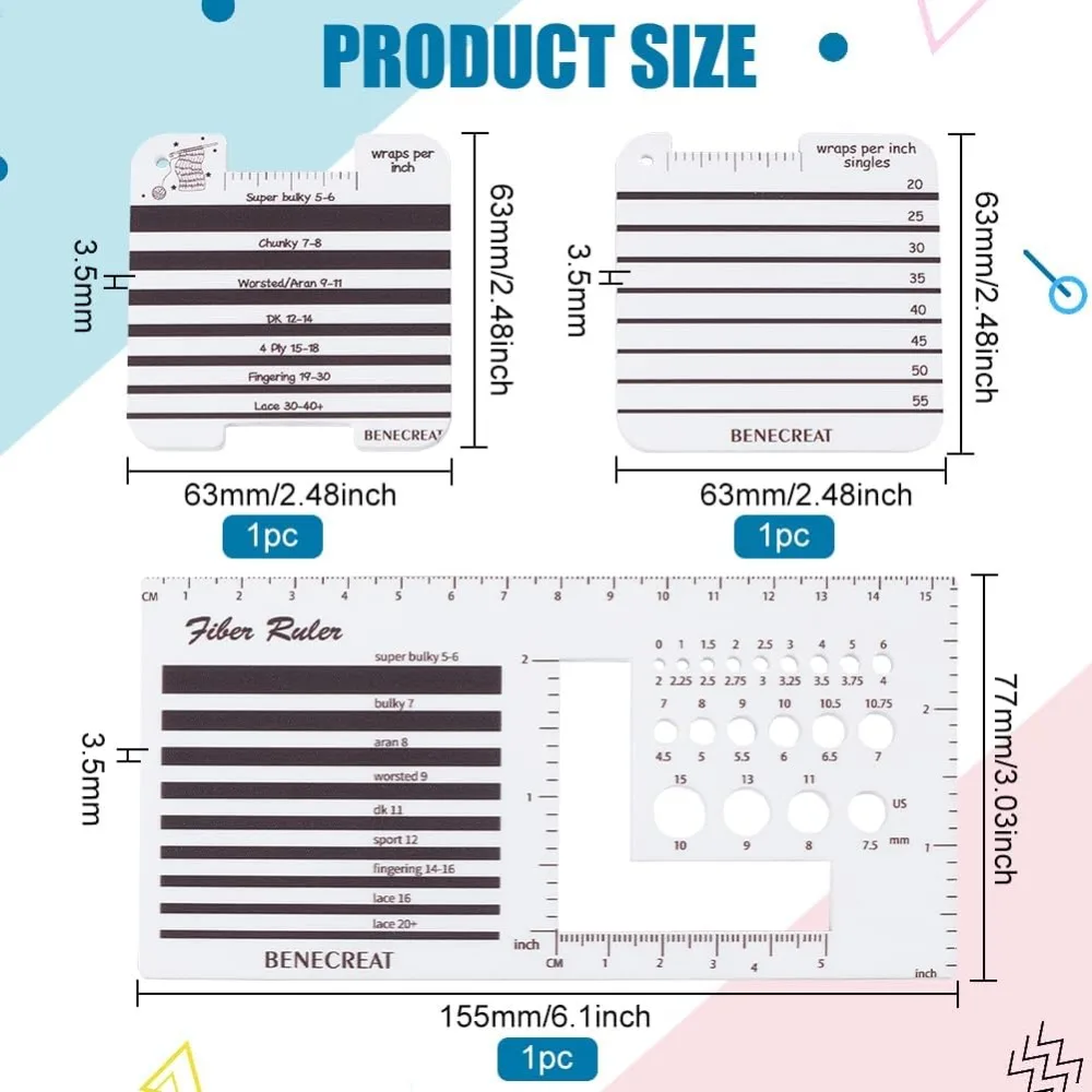 3 Style Acrylic Knitting Needle Gauge and Ruler Square Acrylic Spinning Control Card Knitting Tool for Spinners Yarn Measuring