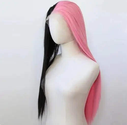 Half Black and Half Pink Synthetic Lace Front Wig Long Straight Synthetic Wig Pre Plucked Heat Resistant Hair Wig