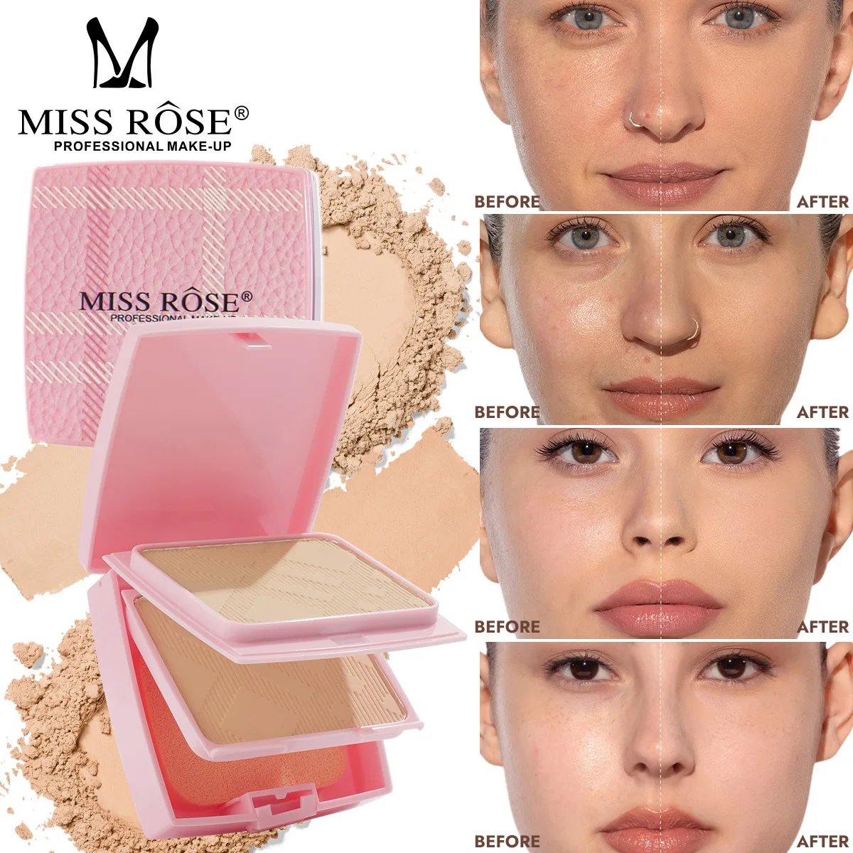 MISS ROSE Dual Layer Pressed Powder with Mirror & Puff Brightening Skin Tone Long Lasting Setting Powder Daily Facial Makeup