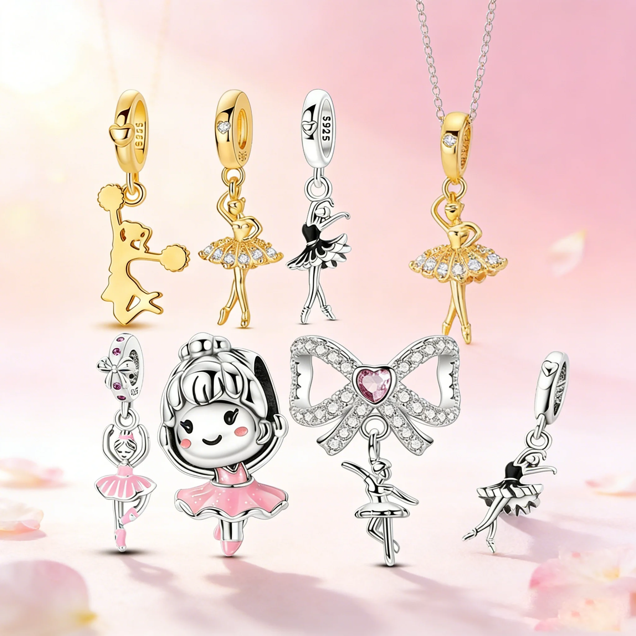 

925 Sterling Silver Ballerina & Cheerleader Dangle Charms Bow & Cute Doll Beads Fit Bracelets Dance Lover Jewelry Gift for Women
