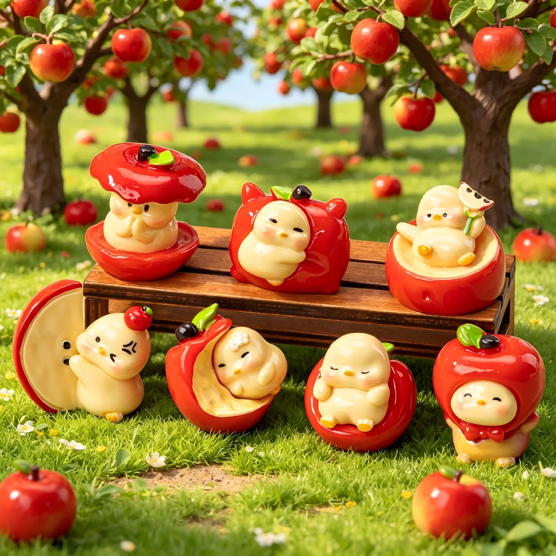 Apple Chicken Figures 7 Styles Fruit Theme Little Chick Resin Figurines Desktop Ornament Home Decor Collectible Toy