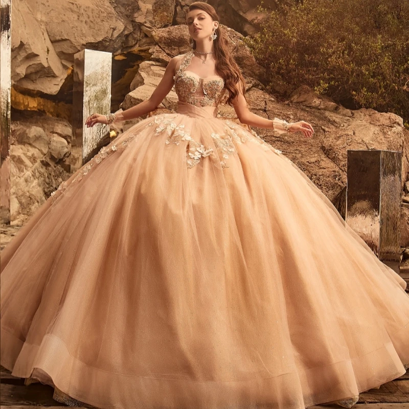 

Champagne Shiny Quinceanera Dresses Off The Shoulder Applique Flower Beading Tull Party Birthday Sweet 16 Dress Vestidos De 15