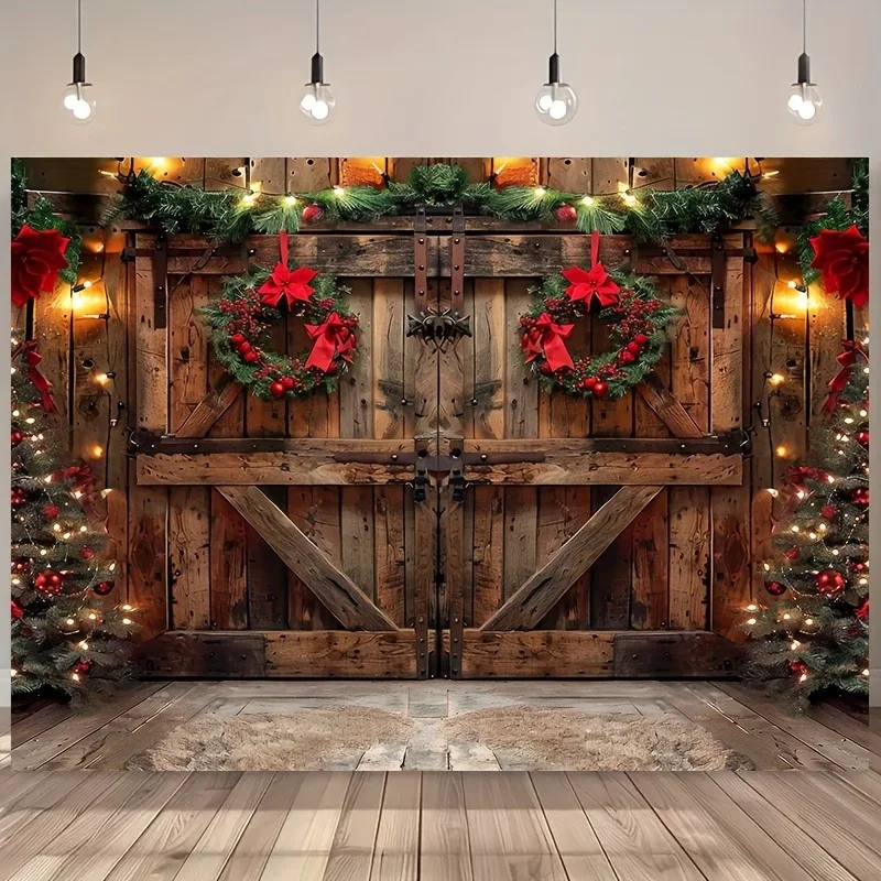 Christmas Day party decoration background cloth farmhouse wooden door Christmas tree wall tapestry suitable for home outdoor